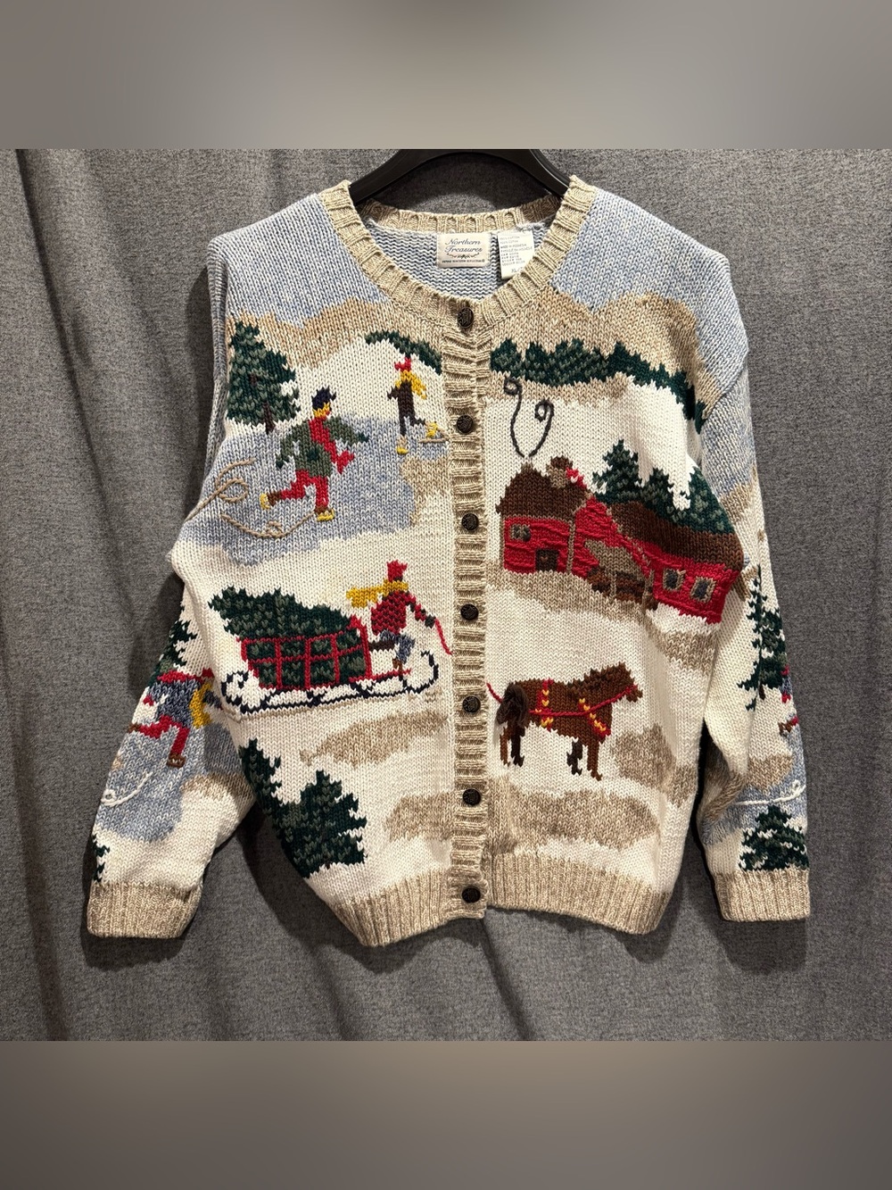 Northern Reflections Nordic Ski Scene Knit Cardigan Winter Cottage Sweater SZ XL